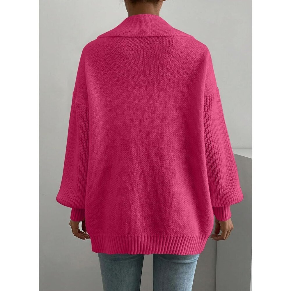 Women's Knit Cardigan Lantern Sleeve Warm Casual Open Front Sweater - Picture 3 of 3